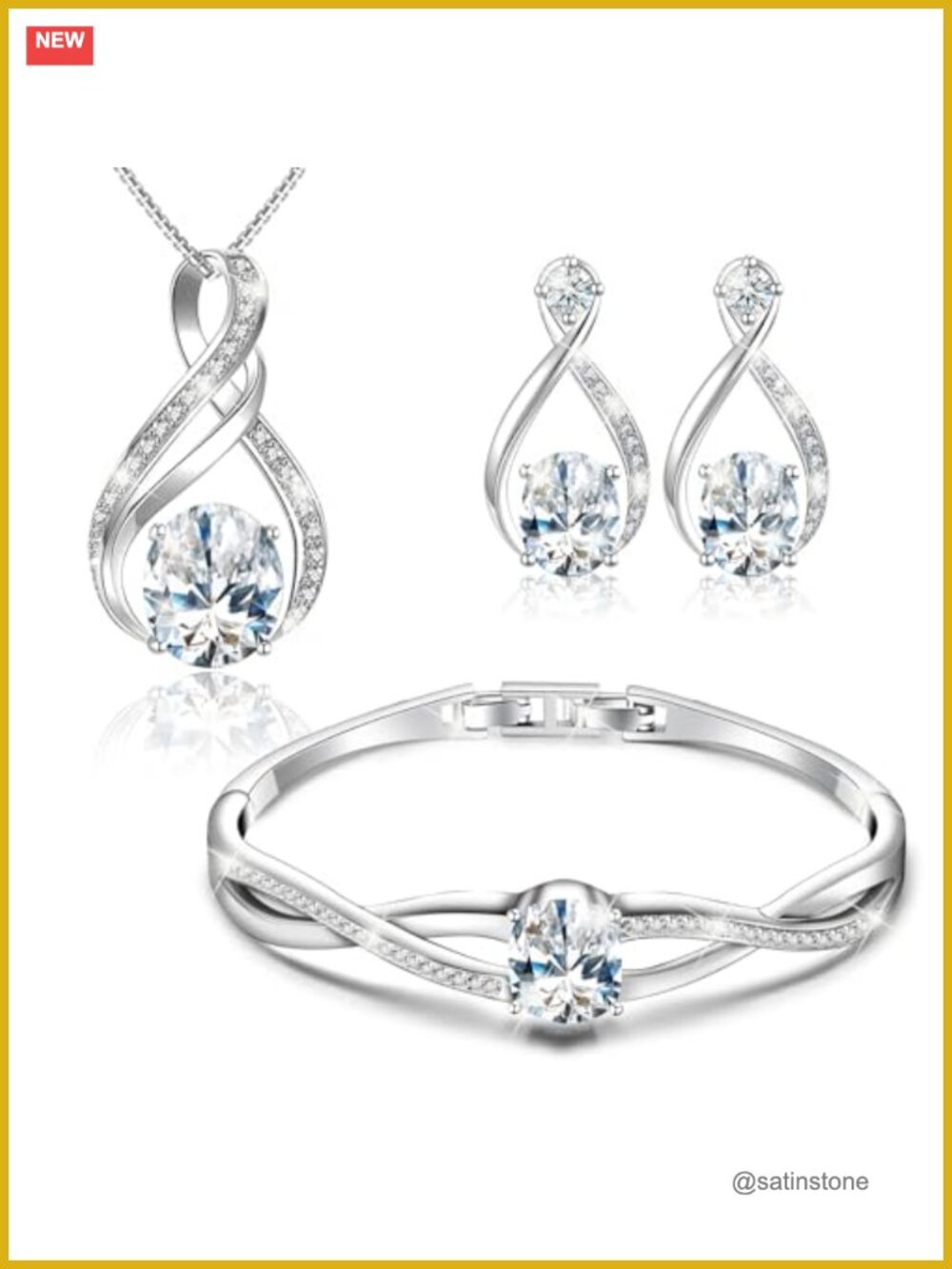 18K White Gold Plated Ruby Crystal Jewelry Set Bracelet Necklace Earrings